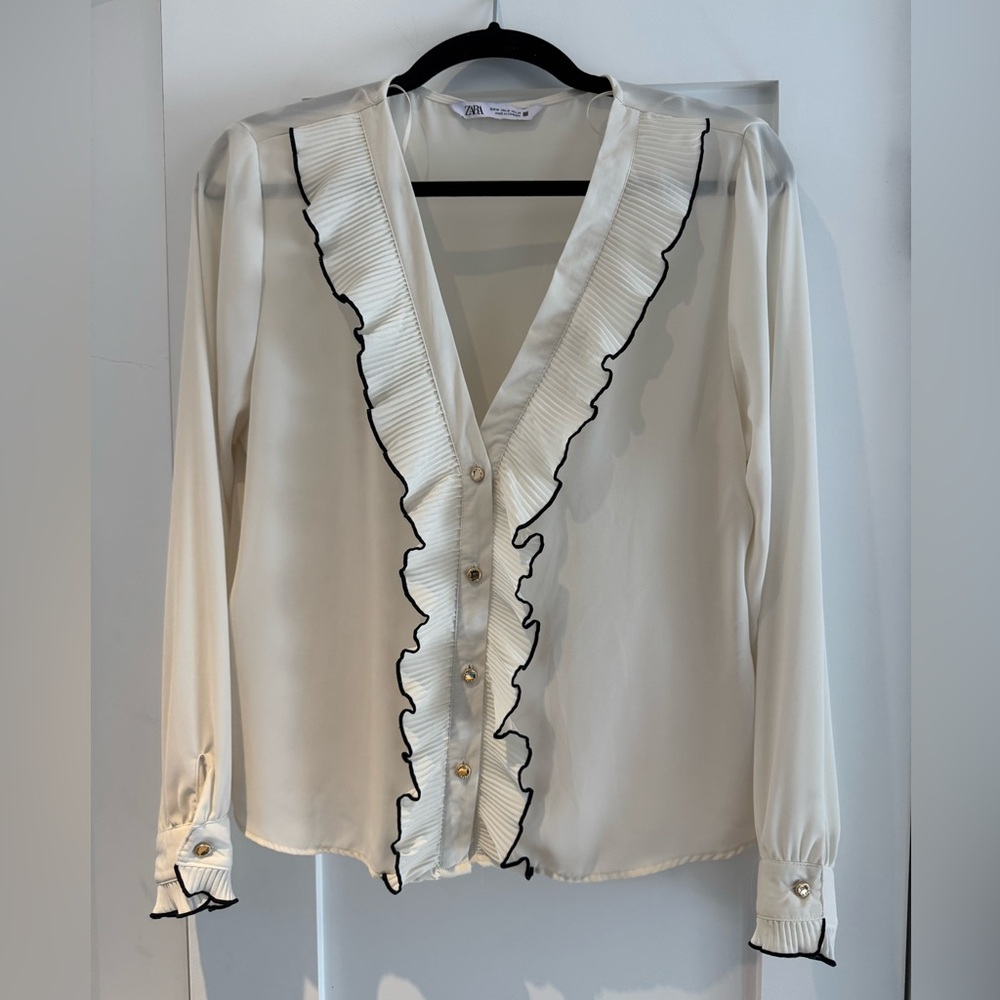 Zara Cream Ruffle-Trim Button Front Blouse with Black Piping